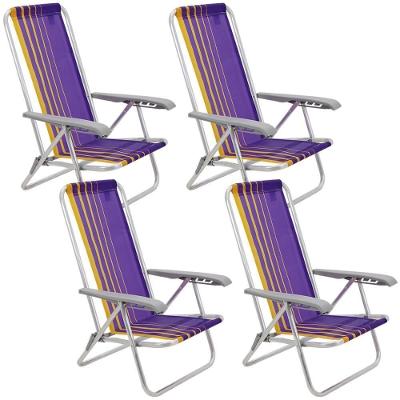 Kit 04 Cadeiras De Praia Reclin.tramontina Bali Baixa Em Alumínio C- Assento Roxo E Amarelo 92900103