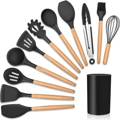 Kit 12 Utensílios de Cozinha em Silicone Cabo Madeira Jogo Completo para Preparos Diários Preto