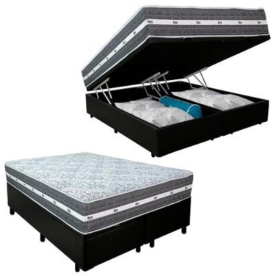Cama Box Baú Casal Bipartido Sintético + Colchão Anjos Black Graphite Molas Ensacadas 138x188x64cm Cor:preto