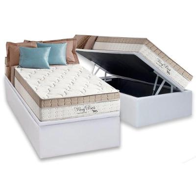 Cama Box Baú Solteiro King Best com Colchão Molas Bonnel Courino Branco e Bege Anjos