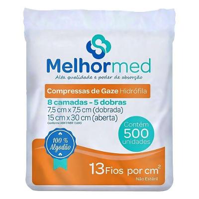 Compressa de Gaze Não Estéril Melhormed 13 Fios 100% Algodão Hidrófilo 7,5cm X 7,5cm Pacote com 500