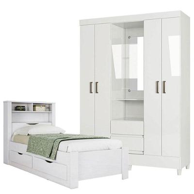 Cama Solteiro Com Gavetas Invicta Com Guarda Roupa Fit Capelinha Branco Brilho - Santos Andirá