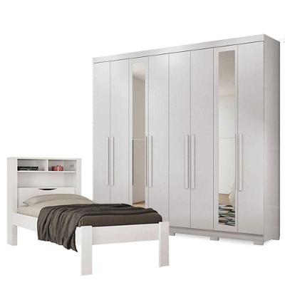 Cama Solteiro Invicta Com Guarda Roupa Master 8 Portas 4 Gavetas Com Espelho E Pés Brando Brilho - Santos Andirá