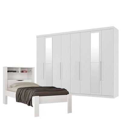 Cama Solteiro Invicta Com Guarda Roupa Master 8 Portas 4 Gavetas Com Espelho Brando Brilho - Santos Andirá