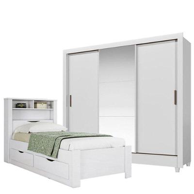 Cama Solteiro Com Gavetas Invicta Com Guarda Roupa Italia Com Espelho Branco Brilho - Santos Andirá
