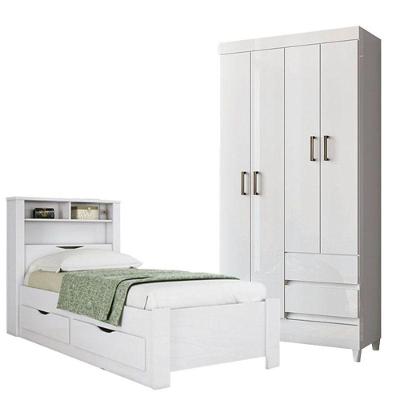 Cama Solteiro Com Gavetas Invicta Com Guarda Roupa Fit 4 Portas Branco Brilhante - Santos Andirá