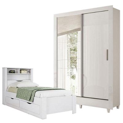 Cama Solteiro Com Gavetas Invicta Com Guarda Roupa Belgica Com Espelho Branco Brilho - Santos Andirá