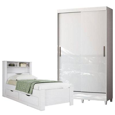 Cama Solteiro Com Gavetas Invicta Com Guarda Roupa Fit 2 Portas Branco Brilhante - Santos Andirá