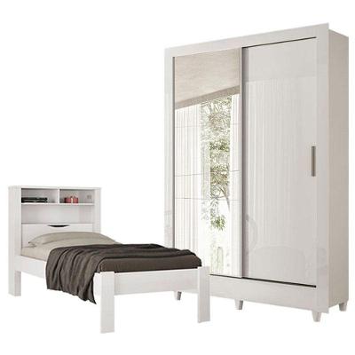 Cama Solteiro Invicta Com Guarda Roupa Belgica Com Espelho Branco Brilho - Santos Andirá