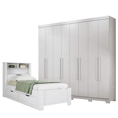 Cama Solteiro Com Gavetas Invicta Com Guarda Roupa Master 8 Portas 4 Gavetas Com Pés Branco Brilho - Santos Andirá