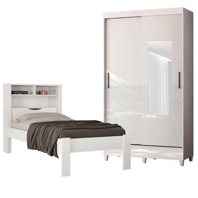 Cama Solteiro Invicta Com Guarda Roupa Fit 2 Portas Com Pés E Espelho Branco Brilho - Santos Andirá