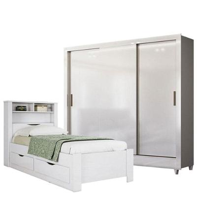 Cama Solteiro Com Gavetas Invicta Com Guarda Roupa Italia Branco Brilho - Santos Andirá
