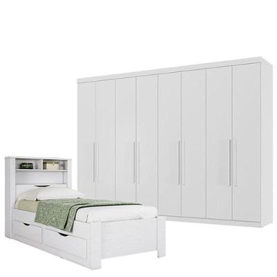 Cama Solteiro Com Gavetas Invicta Com Guarda Roupa Master 8 Portas 4 Gavetas Branco Brilho - Santos Andirá