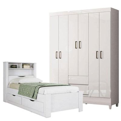 Cama Solteiro Com Gavetas Invicta Com Guarda Roupa Fit 6 Portas Branco Branco Brilho - Santos Andirá