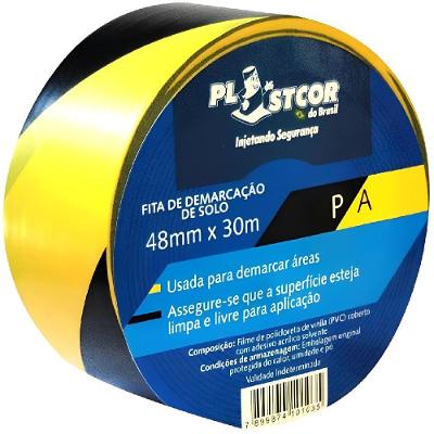 Fita de Demarcação 700.01516 em PVC 48mmx30m Preto Amarelo para Isolamento Plastcor do Brasil