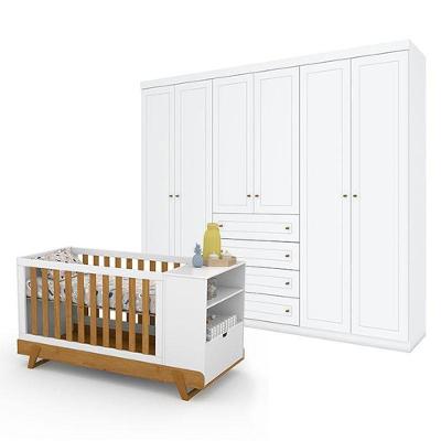 Berço Multifuncional Bkids Branco Freijó Eco Wood - Matic E Guarda Roupa Casal Americano 6 Portas Branco Hp - Henn