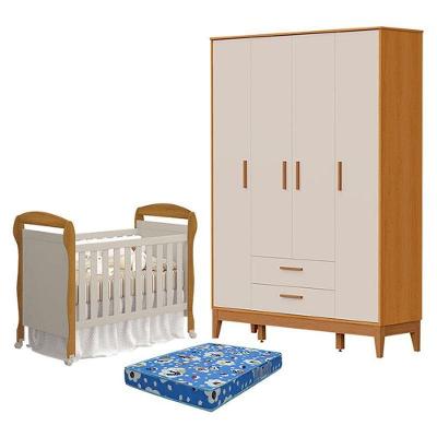 Berço Americano Danny Com Colchão Ortobom E Guarda Roupa 4 Portas Flip Areia Savana Acetinado - Reller