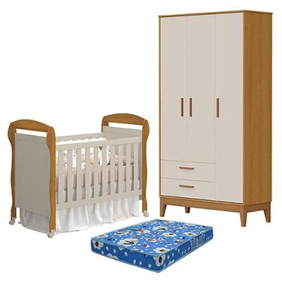 Berço Americano Danny Com Colchão Ortobom E Guarda Roupa 3 Portas Flip Areia Savana Acetinado - Reller
