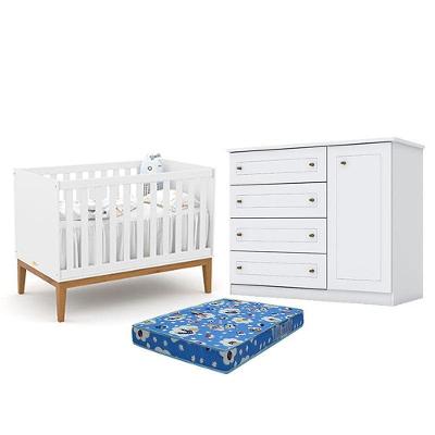 Berço Americano Unique Branco Soft Eco Wood - Matic E Cômoda Infantil Americano Branco Hp E Colchão Tendtudo - Henn