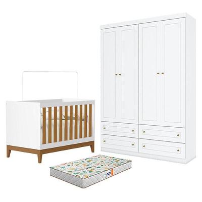 Berço Americano Flip Branco Acetinado Savana Reller E Guarda Roupa Infantil 4 Portas Branco Hp E Colchão Gazin - Henn