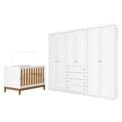 Berço Americano Flip Branco Acetinado Savana Reller E Guarda Roupa Casal Americano 6 Portas Branco Hp - Henn