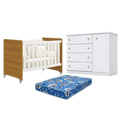 Berço Americano Evolution 4 Em 1 Branco Acetinado Savana Reller E Cômoda Americano Branco Hp E Colchão Ortobom - Henn