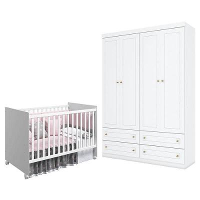 Berço Nacional Mel Branco Acetinado - Reller E Guarda Roupa Infantil Americano 4 Portas Branco Hp - Henn