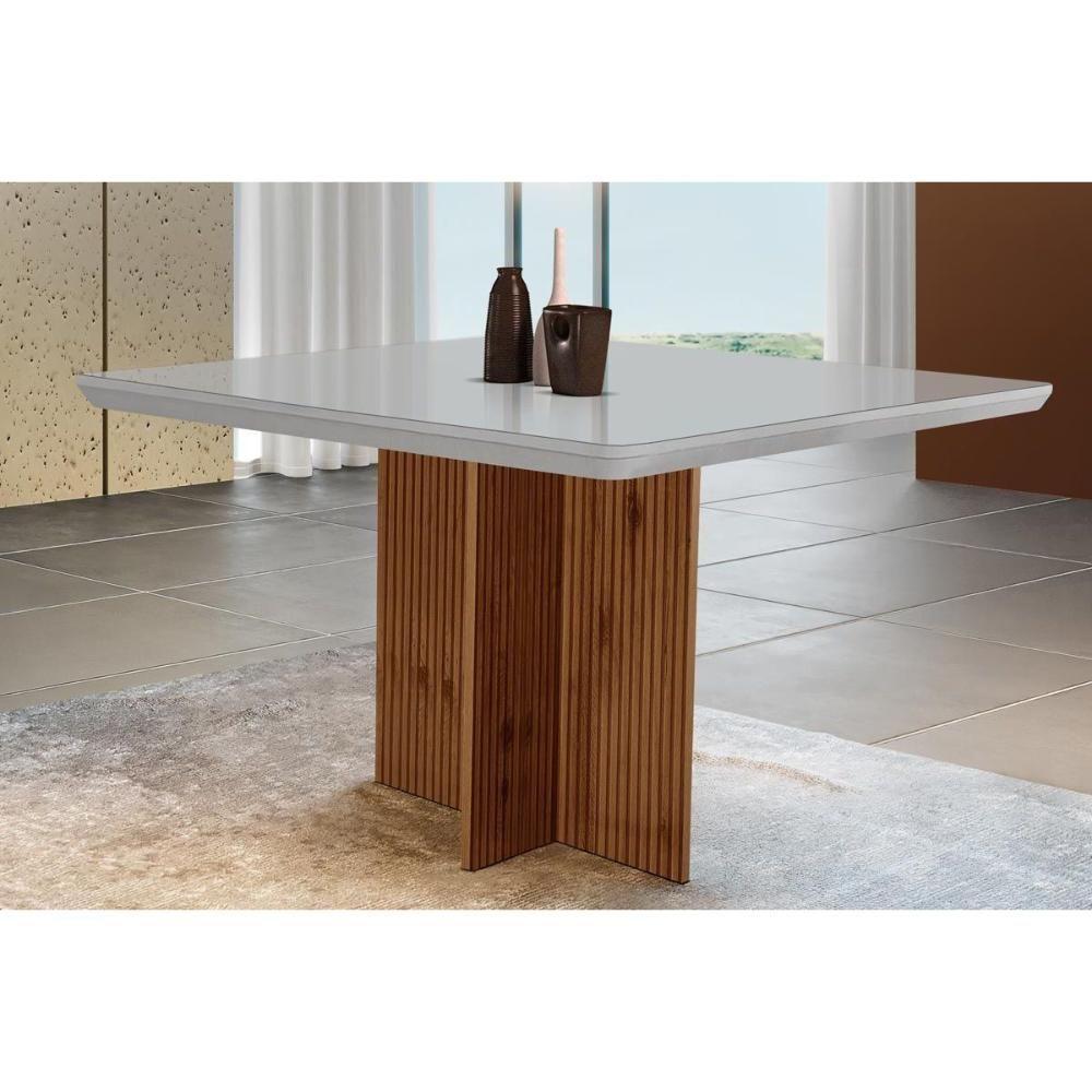 Mesa de Sala Jantar Berlim + Tampo Madeirado Vidro Curvo 90x90cm Off White/Imbuia Ripado-Vidro Off White - Rufato - 1