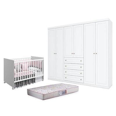 Berço Nacional Mel Branco Acetinado - Reller E Guarda Roupa Casal Americano 6 Portas Branco Hp E Colchão Gazin - Henn