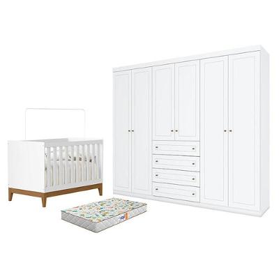 Berço Americano Flip Branco Acetinado Reller E Guarda Roupa Casal Americano 6 Portas Branco Hp E Colchão Gazin - Henn