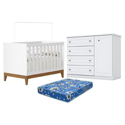 Berço Americano Flip Branco Acetinado Reller E Cômoda Infantil Americano Branco Hp E Colchão Tendtudo - Henn