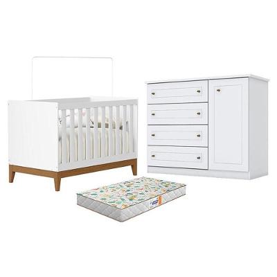 Berço Americano Flip Branco Acetinado Reller E Cômoda Infantil Americano Branco Hp E Colchão Gazin - Henn