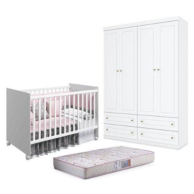 Berço Nacional Mel Branco Acetinado - Reller E Guarda Roupa Infantil Americano 4 Portas Branco Hp E Colchão Gazin - Henn