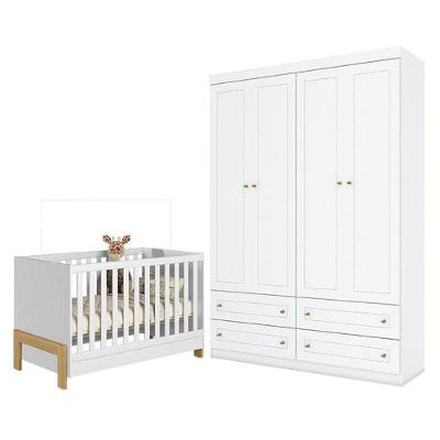 Berço Americano Mini Cama Fantasia Branco Acetinado - Qmovi E Guarda Roupa Infantil Americano 4 Portas Branco Hp - Henn