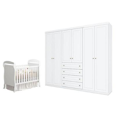 Berço Americano Danny Branco Acetinado Reller E Guarda Roupa Casal Americano 6 Portas Branco Hp - Henn.