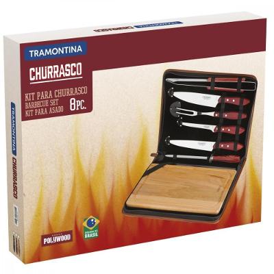 Kit para Churrasco em Aço Inox com Tabua e Estojo 8 Peças Cabo Vermelho Polywood Tramontina