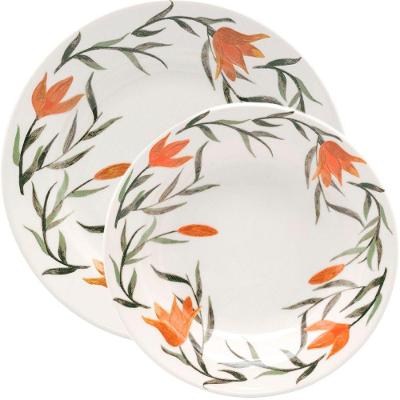 Kit Jogo de Pratos Raso e Fundo Donna Lírios 4 Peças Cerâmica Floral Laranja Branco e Verde Biona