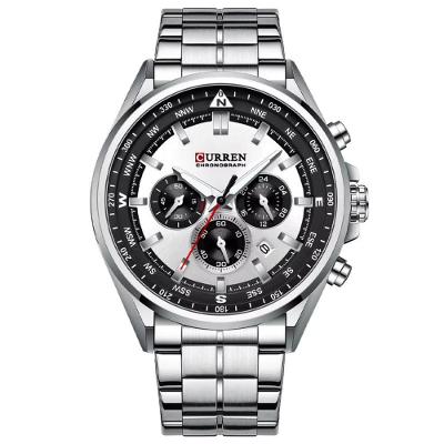 Relógio de Pulso Masculino de Quartzo Esportivo Aço Inoxidável Prata Curren