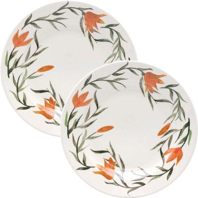 Jogo de Pratos Rasos Donna Lírios 6 Peças Cerâmica Floral para Jantar Laranja Branco e Verde