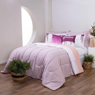 Kit Edredom Linho Colorful Casal King Dupla Face Hipercal 400 Fios Rosa Colorful