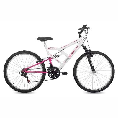 Bicicleta Full FA 240 Mountain Bike Aro 26 Quadro Aço 18 Marchas V-Brake Branco com Rosa Free Action