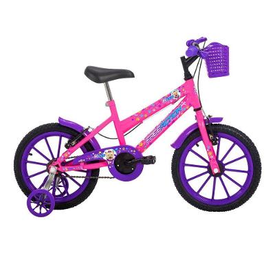 Bicicleta Infantil Aro 16 Kiss V-Brake Rosa Chicle com Cesta Frontal Free Action