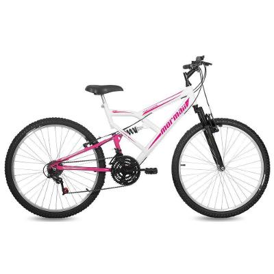 Bicicleta Fullsion Mountain Bike Aro 26 Quadro Aço 18 Marchas V-Brake Branco com Rosa Mormaii