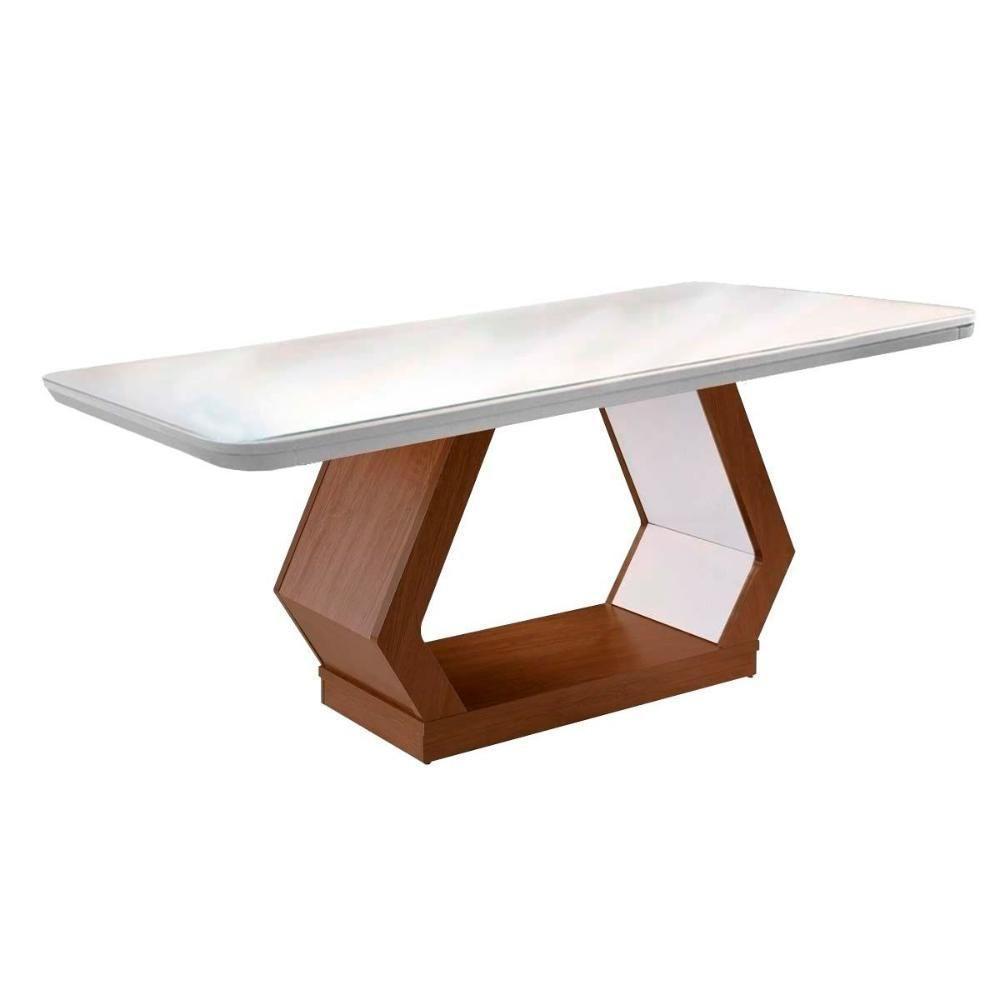 Mesa De Sala Jantar Alvorada + Tampo Madeirado Vidro Curvo 180x90cm Imbuia/off White - Rufato - 1
