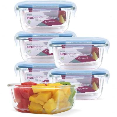 Kit 6 Potes de Vidro Quadrado para Armazenar Comida com Tampa Hermética 320ml Azul Casa Linda