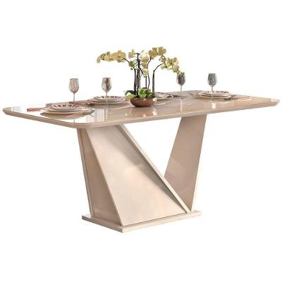 Mesa de Sala Jantar Forme + Tampo Madeirado Vidro Curvo 180x90cm Off White - DJ Móveis