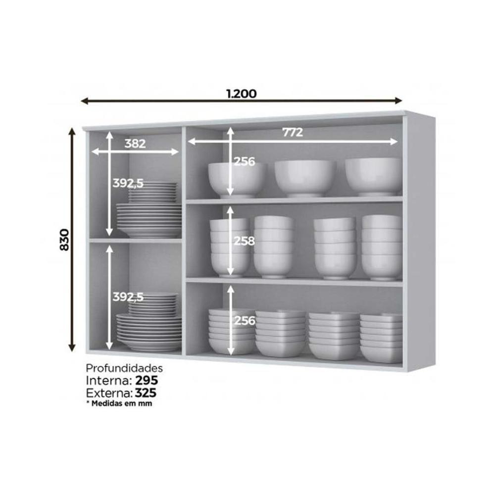 Armário Aéreo Cozinha Modulado  Americana c/ 3 Portas (2 c/ Vidro) Branco - Henn - 2