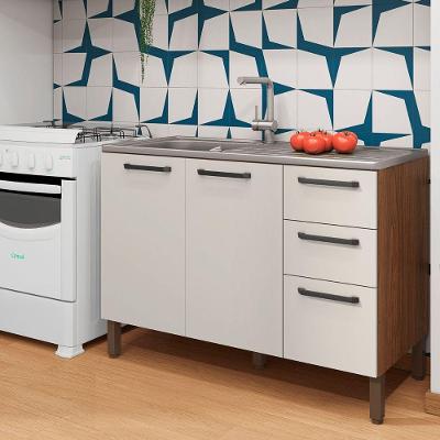 Balcão de Cozinha Firenze 3 Portas 2 Gavetas 120cm Nogueira Off White Kit's Paraná