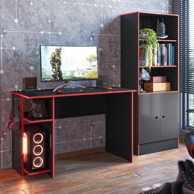 Conjunto Gamer Royale com Armário e Mesa 2 Portas em MDP Preto Fosco-vermelho Qmovi