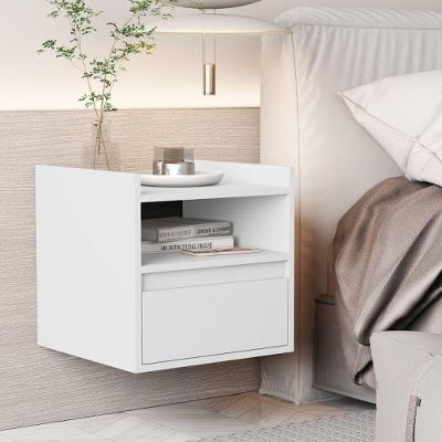 Mesa de Cabeceira Suspensa Minerva com Porta Basculante e Nicho Branco para Quarto